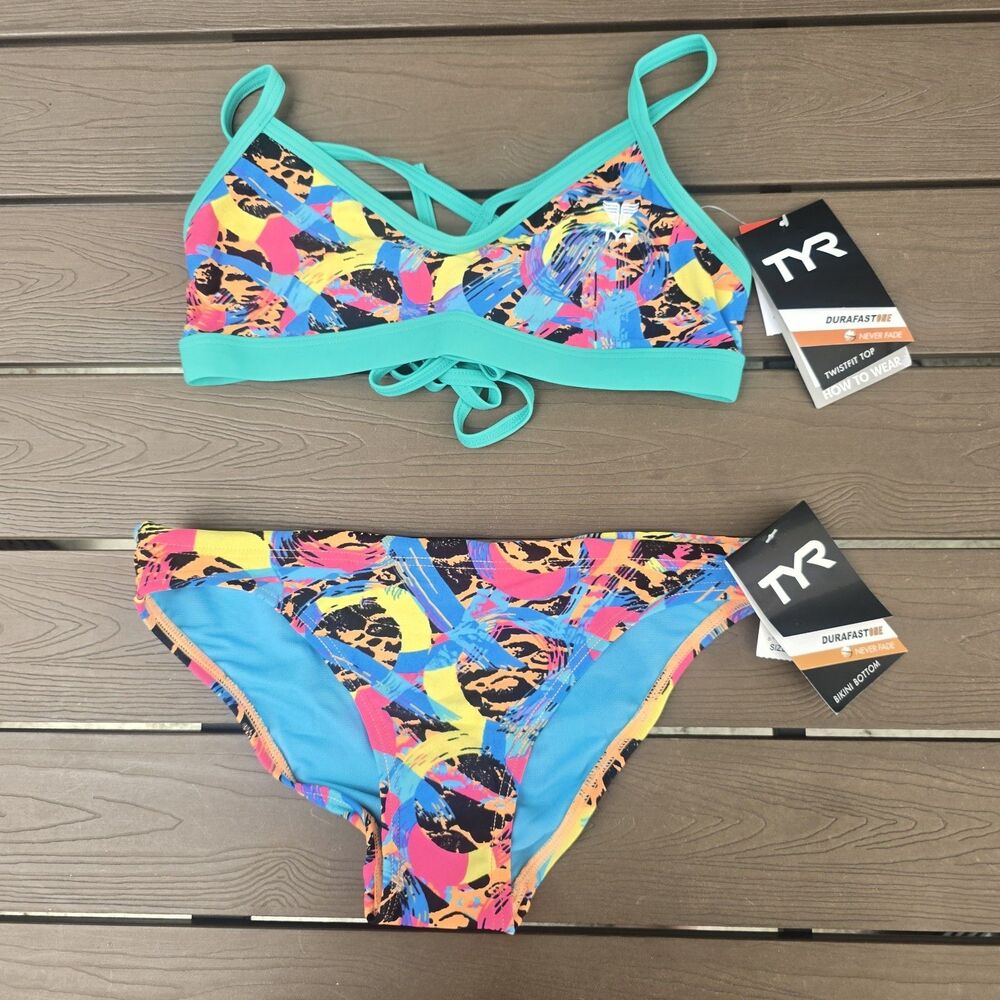 TYR Womens Durafast Enso Panama Twist Teal/orange Workout Bikini Set Size S New